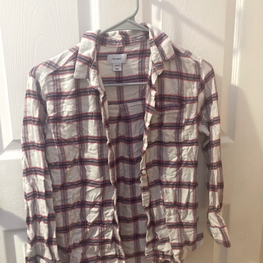 Red and white button up I’m a size large for kids